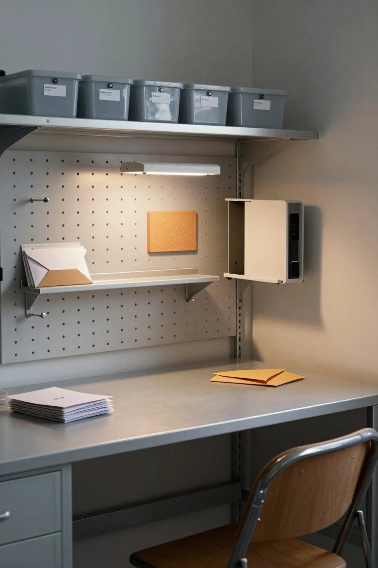 A gray metal desk and wooden chair sit in front of a pegboard wall with overhead storage bins, a task light, a corkboard, and small shelves holding envelopes.