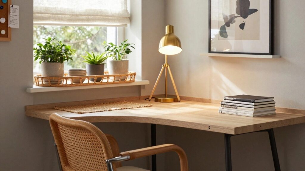 18 Rattan Office Accents for a Natural Touch Light wood desk in a corner room with stacked books, gold desk lamp, potted plants on wall shelves, corkboard, framed art, rattan-backed wooden desk chair, and beige linen blinds on two windows.