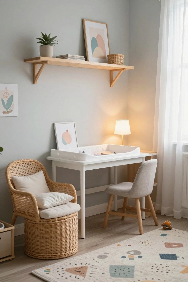 Light gray nursery room corner with white changing table desk, beige rattan armchair with white cushions, gray fabric desk chair, wooden floating shelves holding books plant and basket, abstract art on walls, table lamp, sheer curtained window, and patterned rug on wood floor.