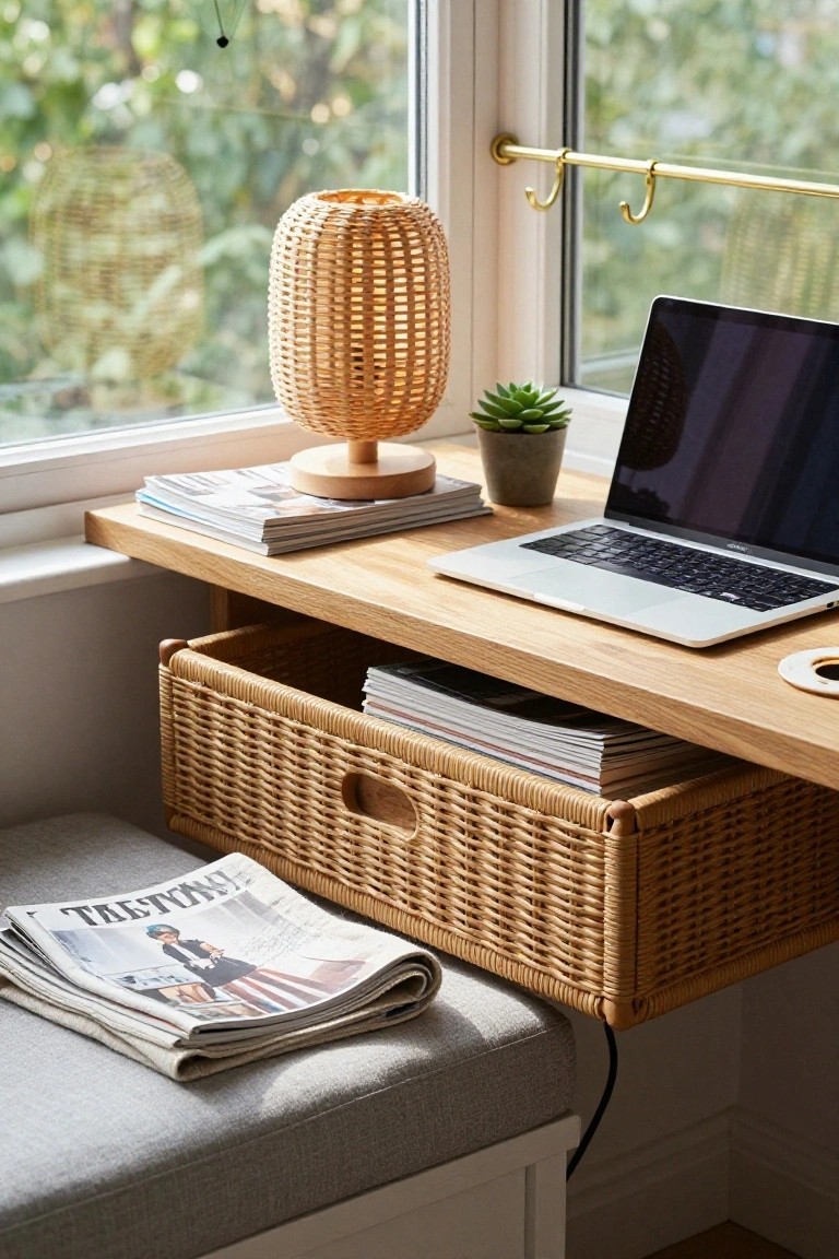Wooden desk integrated into a windowsill with a rattan basket drawer underneath holding stacked magazines and newspapers, a closed laptop on the desk, woven lamp, succulent plant, and books nearby.