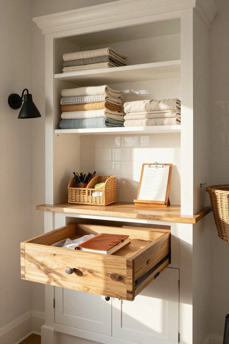 White built-in cabinetry with open shelves displaying folded linens in neutral tones and rattan baskets containing pens and supplies, plus a wooden countertop with an open drawer holding a leather notebook, next to a subway tile backsplash and black wall light.