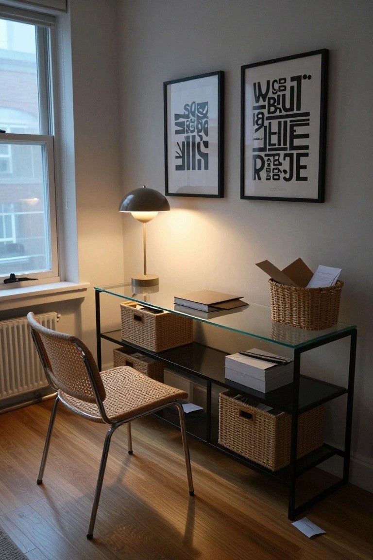 Home office corner with glass-top desk on black metal frame, rattan chair, wicker baskets on shelves holding boxes and papers, desk lamp, books, wall art, window, and radiator on beige walls.