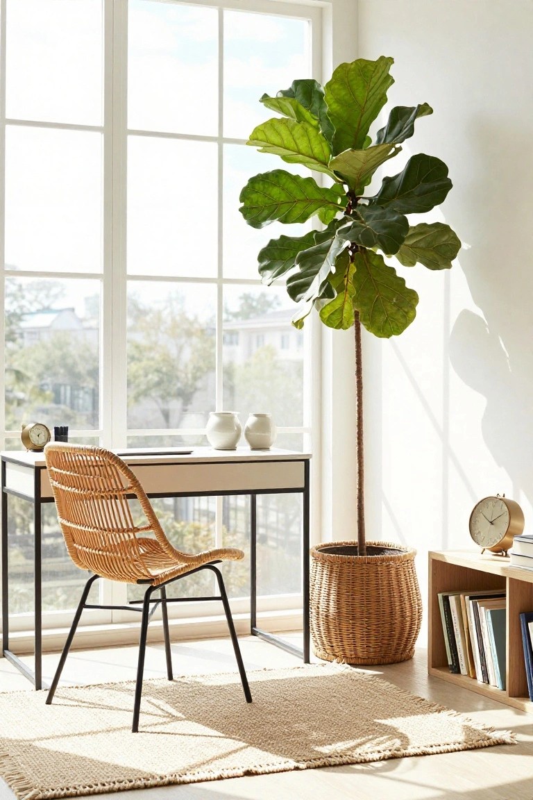 Bright corner home office with orange rattan armchair at white-topped metal desk, tall fiddle leaf fig plant in woven basket, gold clock and books on wood shelf, large multipane windows showing trees outside, neutral rug on floor.