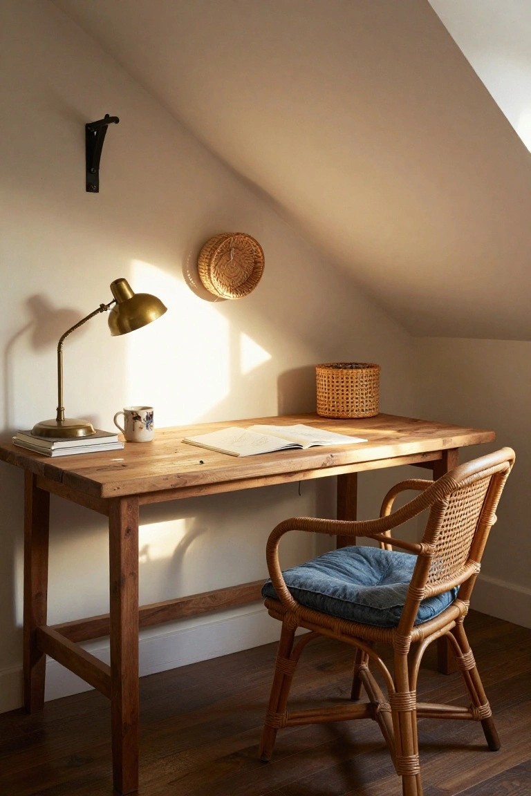 Wooden desk with open notebook, books, mug, brass lamp, and rattan basket in an attic room, paired with a rattan armchair with blue cushion under a sloped white ceiling.