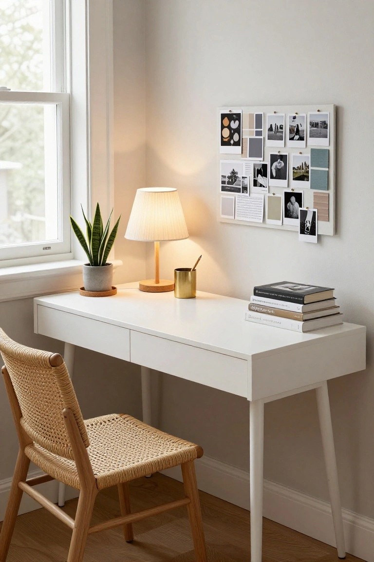 White desk with two drawers and stack of books on top, rattan chair underneath, snake plant in gray pot, desk lamp, gold mug, and corkboard with pinned photos and fabric swatches on light gray wall next to window.