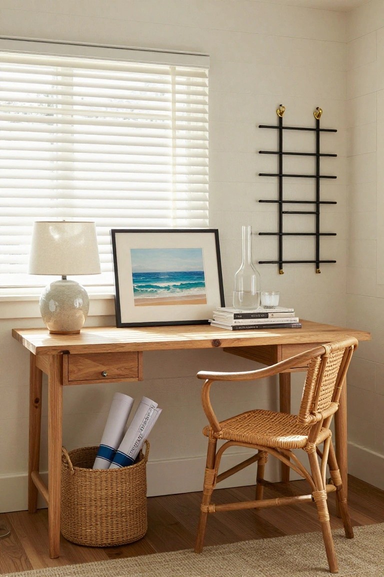 Wooden desk with drawer in a light room, topped with lamp, ocean painting, glass vase, books, and flanked by rattan armchair and floor basket holding blue-trimmed rolled papers.