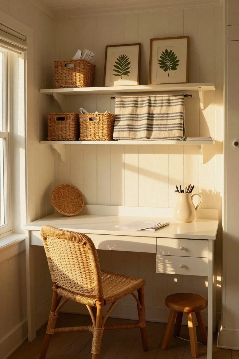 Small white desk with woven rattan chair and footstool in a white shiplap-walled office nook, featuring floating shelves with rattan baskets, plant prints, linen towel, and a window with blind.