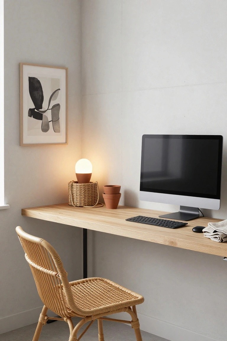 Corner home office with floating wooden desk holding iMac monitor, black keyboard, mouse, cloth napkin, rattan chair below, terracotta lamp on basket base with cord, small terracotta pots, and abstract line art in oak frame on light gray walls.