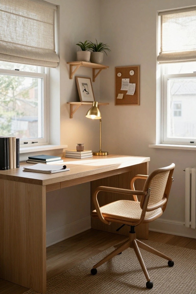 Light wood desk in a corner room with stacked books, gold desk lamp, potted plants on wall shelves, corkboard, framed art, rattan-backed wooden desk chair, and beige linen blinds on two windows.