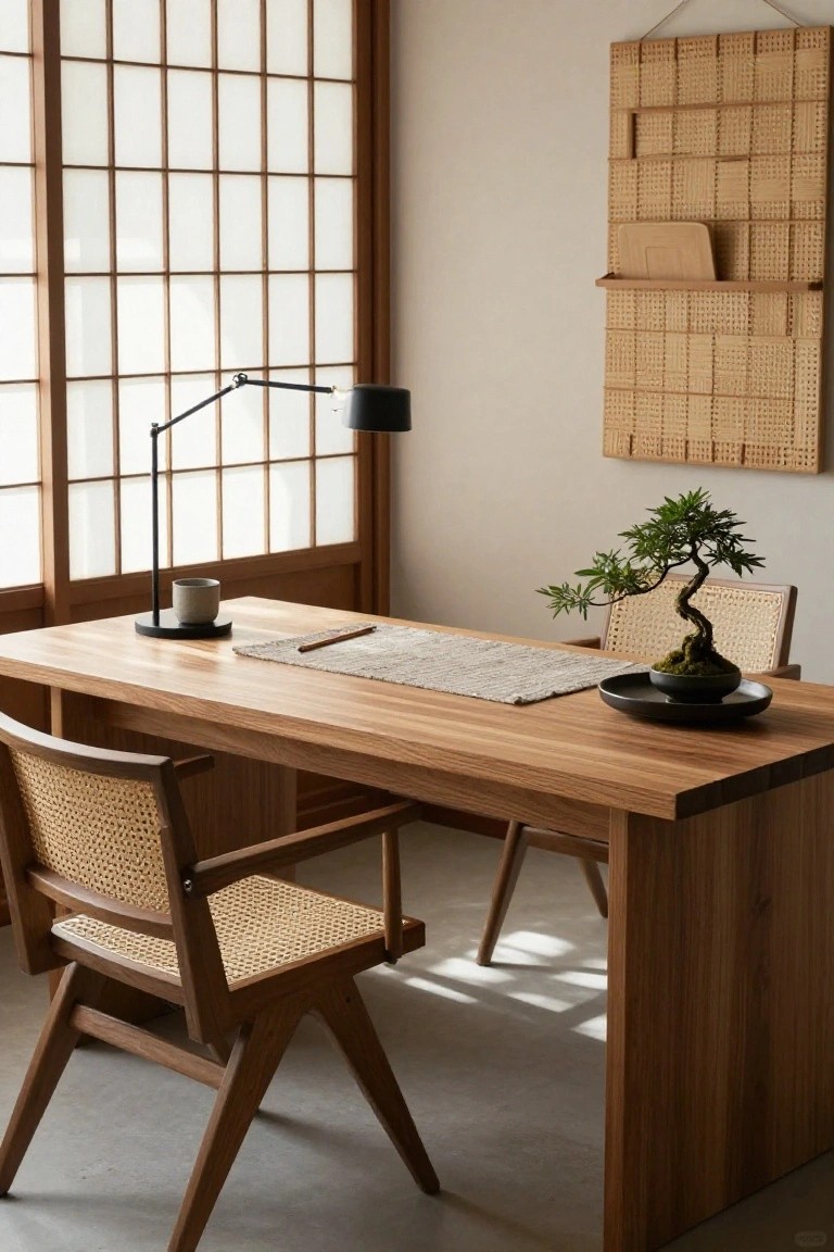 A minimalist home office with a light wood desk, rattan chair with woven seat, black adjustable lamp, gray mug, woven runner, black plate holding a bonsai plant, another rattan chair nearby, woven wall hanging, and shoji screen window.