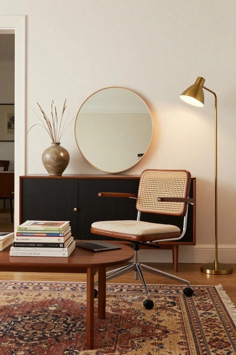 A rattan swivel chair with leather cushion beside a black wood credenza holding books and a vase of dried grass, with a gold round mirror, arched floor lamp, wood coffee table with laptop, and patterned rug in a white-walled room.