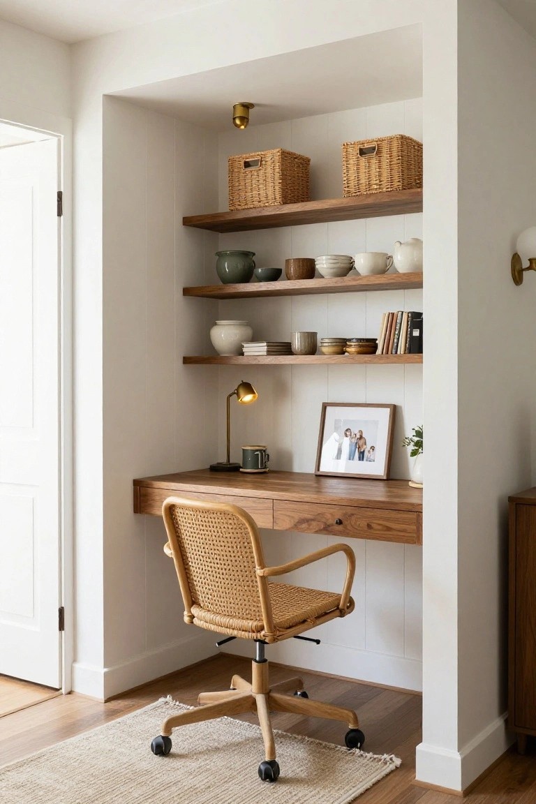 Built-in wooden desk with rattan swivel chair in a white shiplap alcove, floating shelves above holding wicker baskets, ceramics, books, and a family photo, brass lamp on desk.