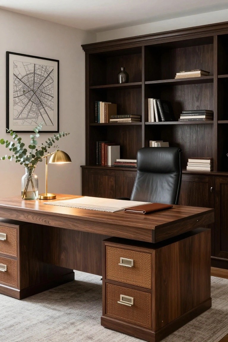 Wooden home office desk with rattan-wrapped drawer fronts and brass pulls, black leather desk chair, gold desk lamp with eucalyptus, and surrounding walnut bookshelves on beige carpet.