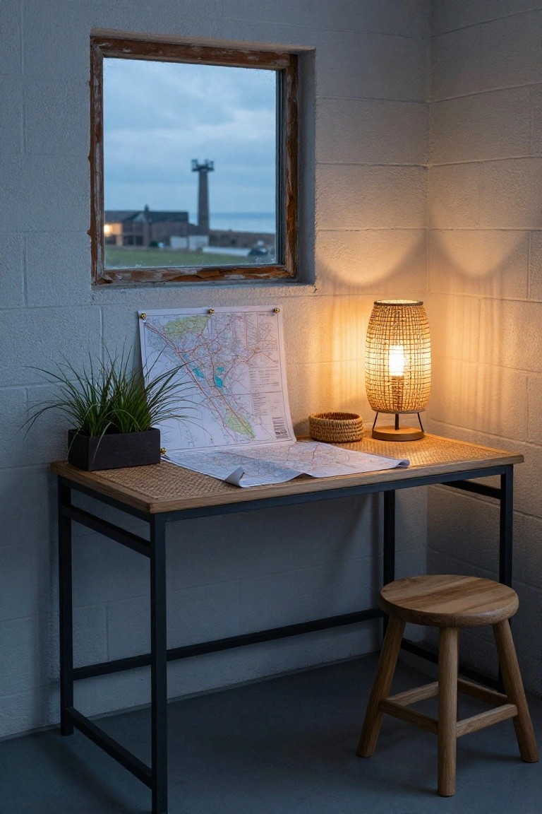 Corner of a room with gray block walls featuring a black metal desk with rattan top, rattan-shade lamp, woven basket, potted grass plant, pinned map, blueprint, wooden stool, and window showing dusk view of buildings, lighthouse, and sea.