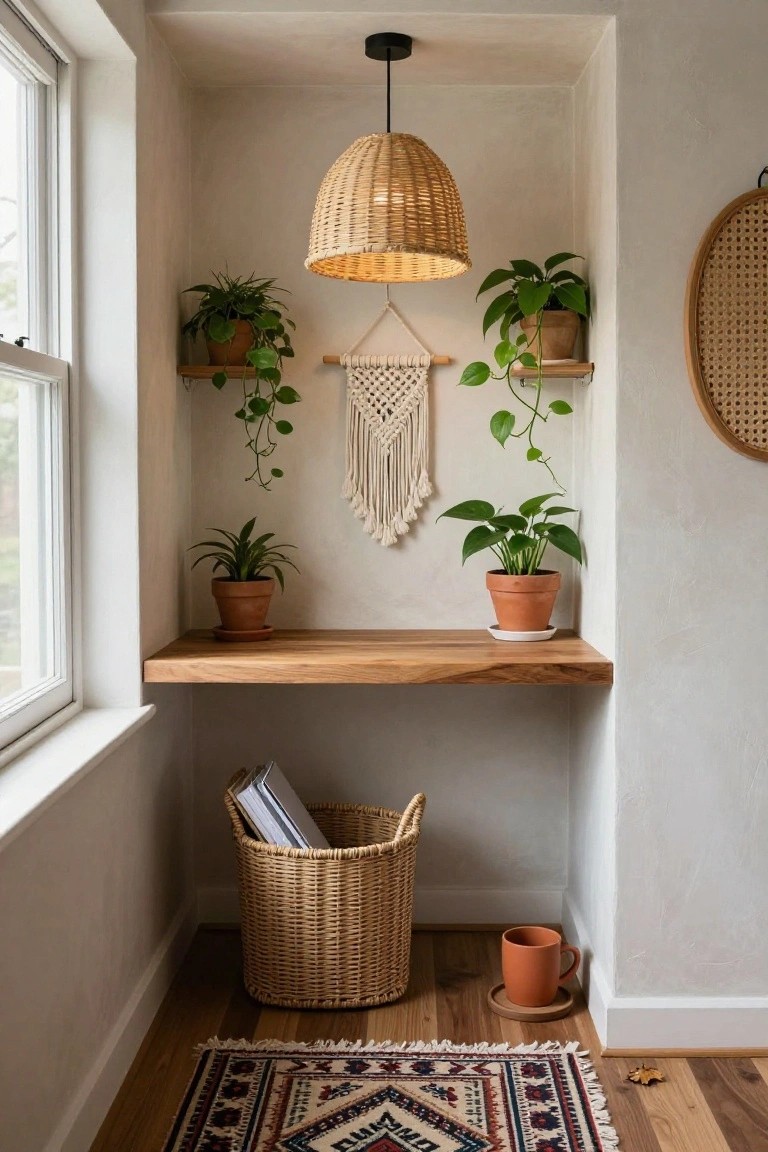 Small indoor alcove with floating wooden shelf as desk under rattan pendant light, surrounded by potted plants, macrame wall hanging, woven round wall decor, wicker basket on floor, and terracotta mug near window.