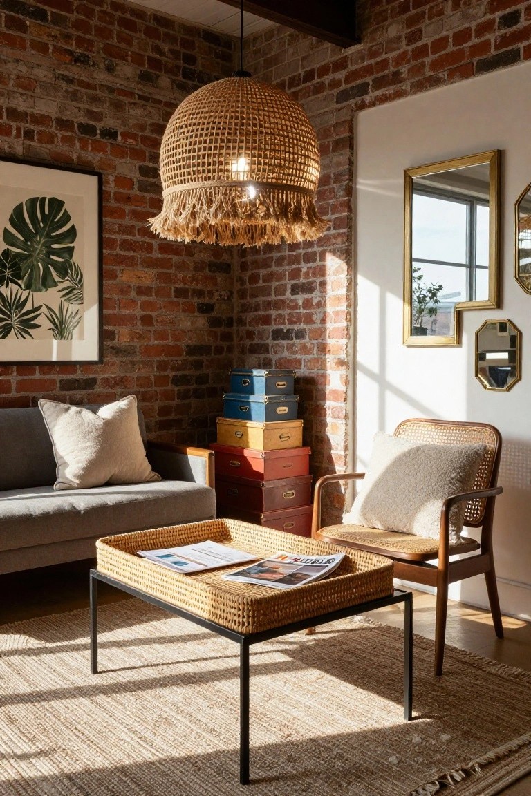 Cozy interior corner with exposed brick walls, gray sofa with white pillows, rattan armchair with sheepskin cushion, low black metal table holding woven rattan tray with magazines, stacked colorful vintage suitcases, large fringed rattan pendant light, and assorted gold mirrors.
