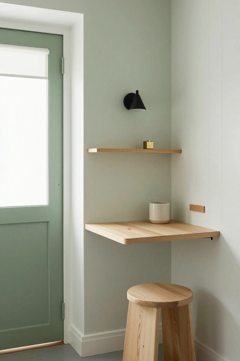 Corner indoor workspace with floating light wood desk and stool next to sage green paneled door, wooden shelves above holding gold cube and white mug on desk, black wall lamp, pale green walls, wood floor.