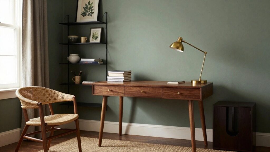 18 Sage Green Office Decor Ideas That Feel Peaceful Home office with sage green walls, wooden desk with drawers and open shelving containing books, rattan chair, floating black shelves holding black and beige vases and framed botanical prints, brass desk lamp, and sheer curtains on window.