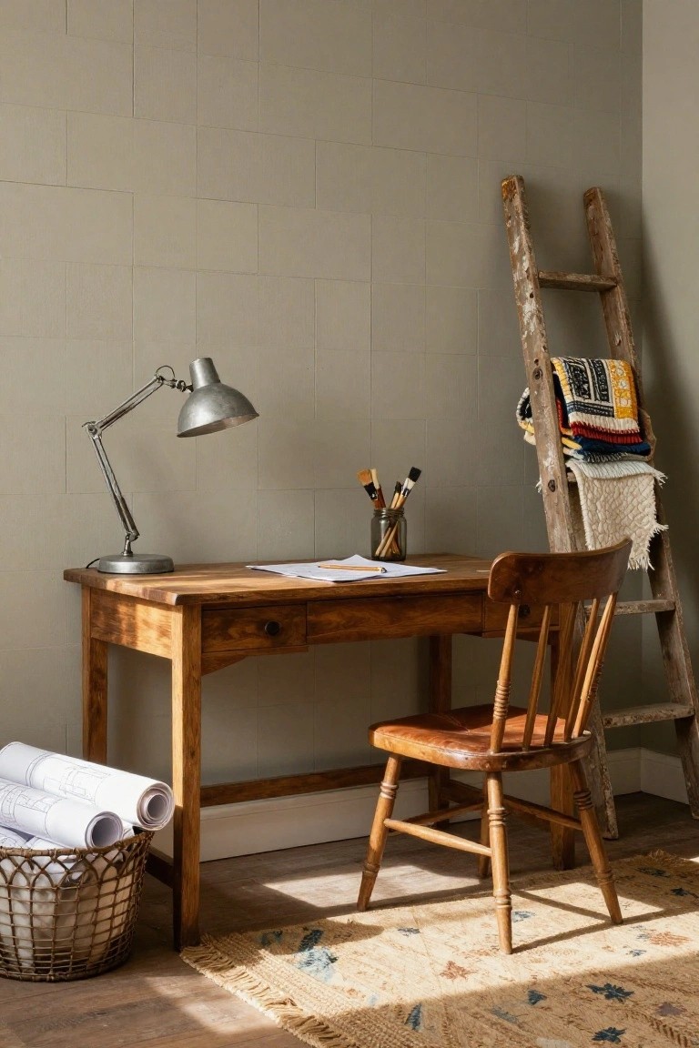 Rustic wooden desk with chair, lamp, and vintage ladder in a cozy room.