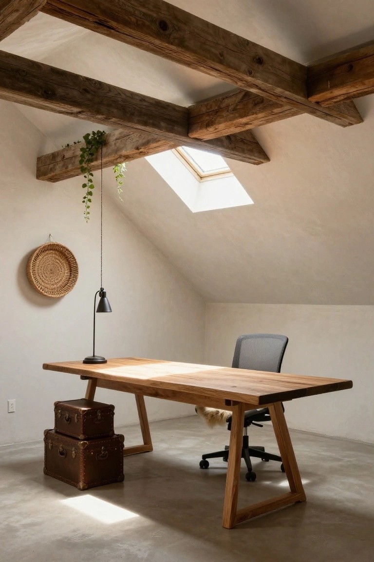 Attic office with exposed dark wooden beams on white ceiling, skylight in sloped roof, wooden trestle desk with gray mesh office chair, black desk lamp, hanging ivy plant, woven wall basket, stacked brown leather trunks, and polished concrete floor.