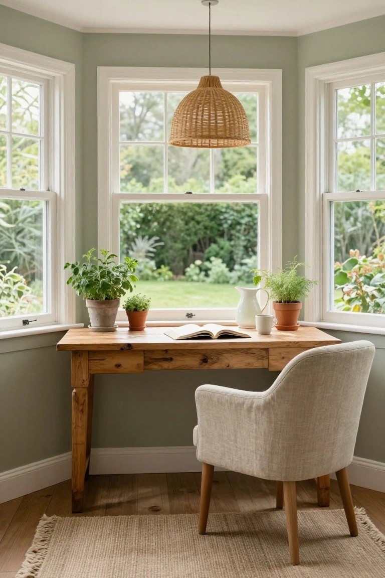 Sage green corner office nook with wooden desk, open book, potted plants, white milk jug, mug, beige upholstered armchair, rattan pendant light, and bay windows overlooking lush green garden.