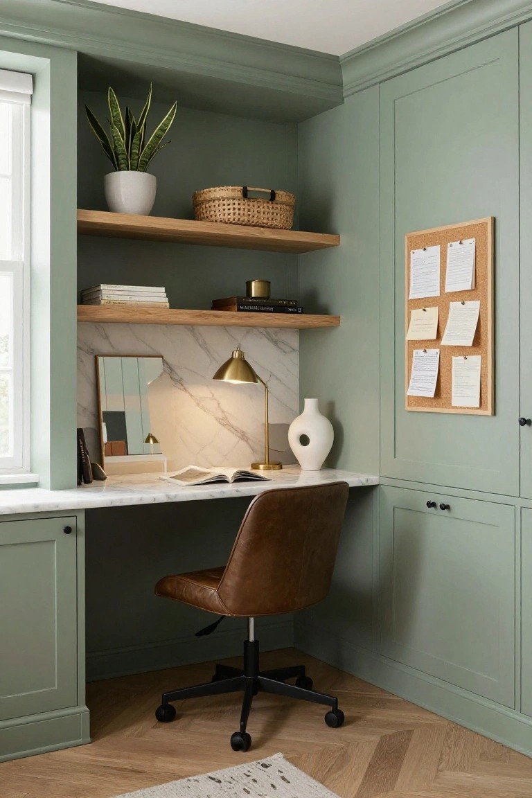 Corner home office with sage green built-in cabinets and desk topped in white marble, brown leather desk chair, gold desk lamp, open shelves with books and plants, corkboard, and window nearby.