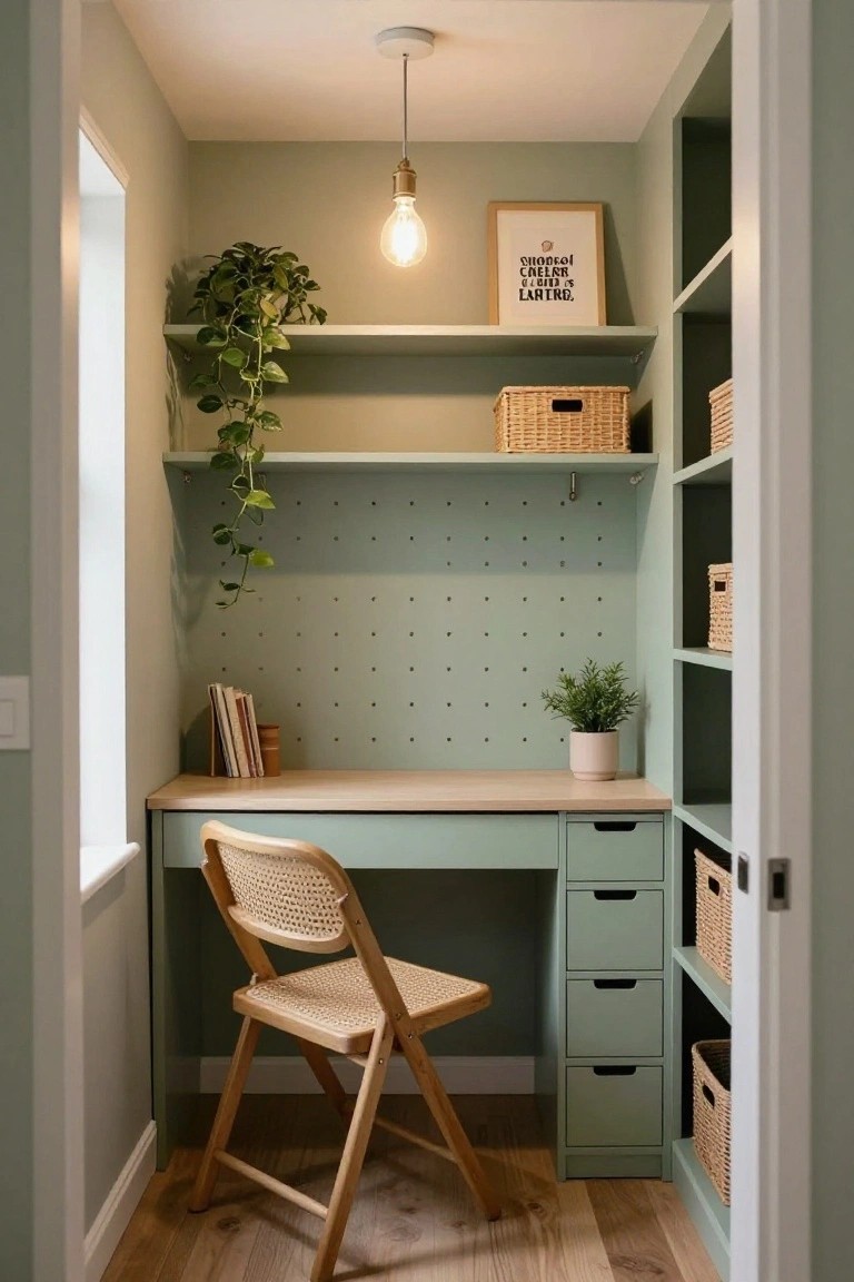 Small indoor office nook featuring sage green built-in desk with drawers, surrounding open shelves with wicker baskets and books, potted plants, pegboard wall, rattan chair, and hanging bulb light, with open door and wooden floor.