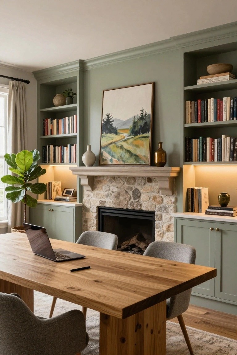 Home office interior with sage green built-in open shelving and cabinets flanking a stone fireplace, wooden desk with laptop, gray chairs, potted plants, books, and lit gas fire.