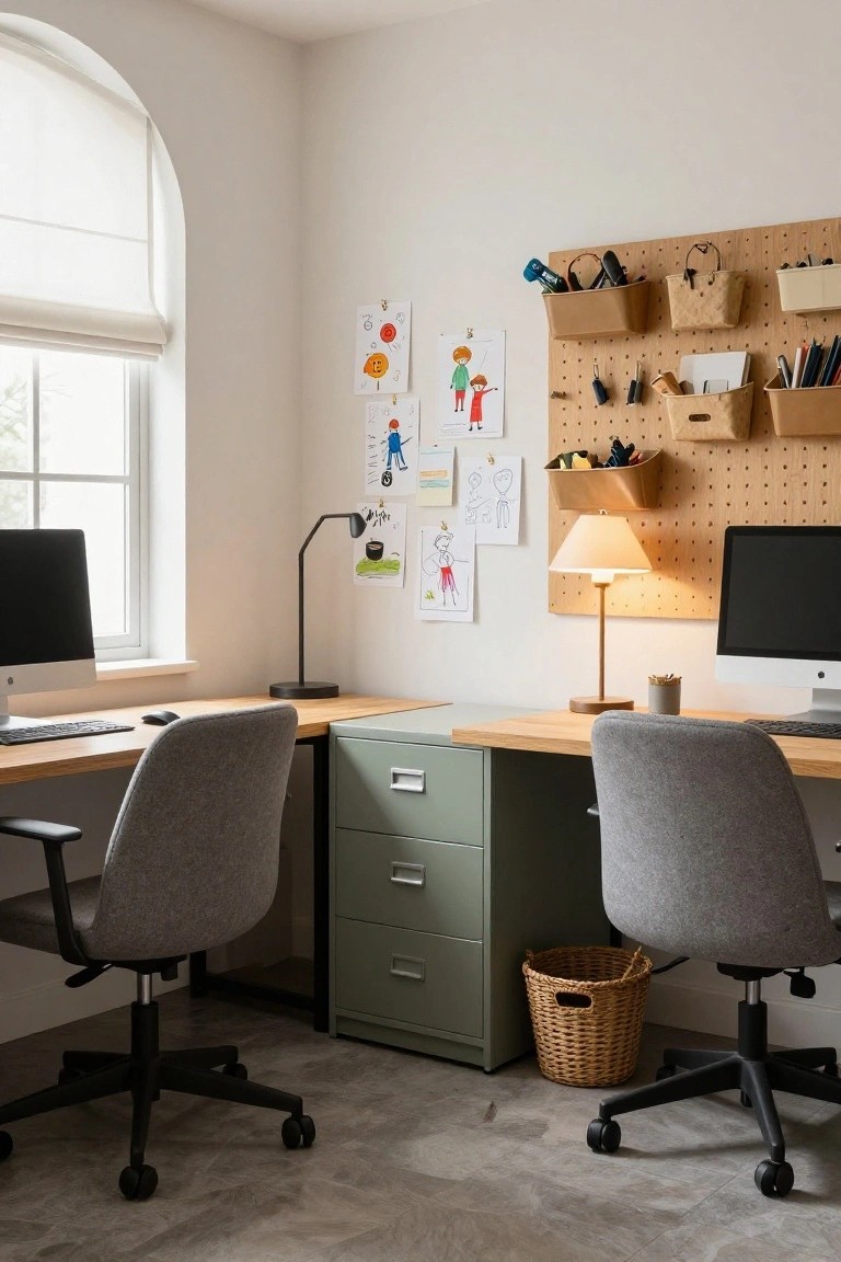 Two wooden desks with iMac computers and gray office chairs in a light room, sage green metal filing cabinet beside one desk, pegboard wall with children's drawings and organizers, and an arched window with sheer blinds.