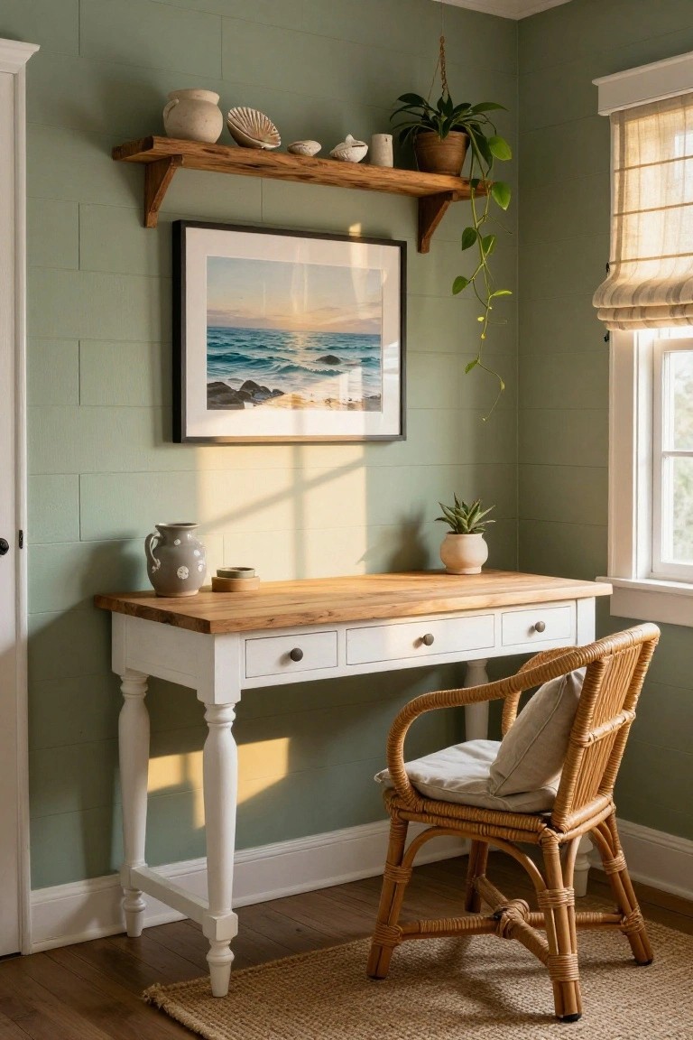Corner of a sage green vertically planked wall home office with wooden floating shelf holding ceramics and plants, framed ocean sunset photo, white wooden desk with drawers, potted plants, wicker armchair, and window with striped shades.