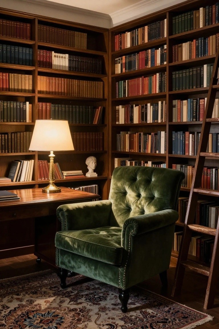 A sage green velvet tufted armchair next to a wooden desk with brass lamp in a dark wood library room lined with floor-to-ceiling bookshelves and a wooden ladder.