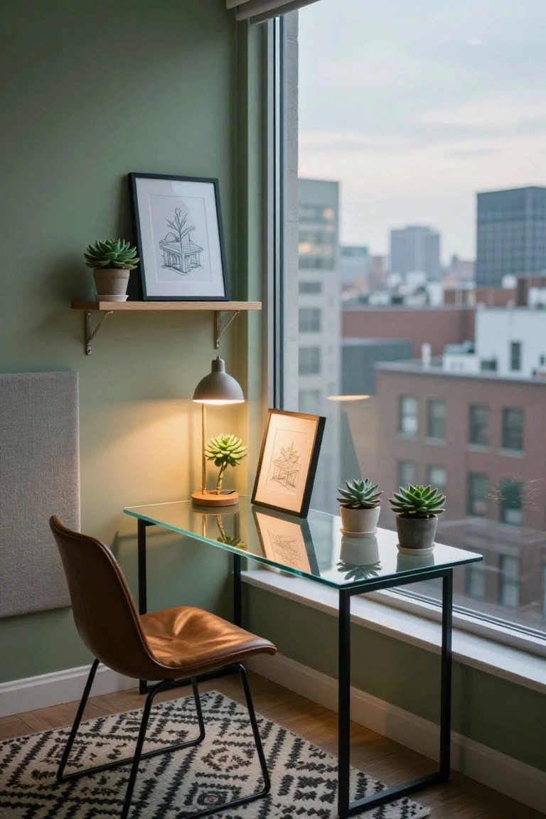 Home office corner with sage green walls, glass desk, tan leather chair, potted succulents, framed line drawings, pendant lamp, and large window showing city skyline at dusk.
