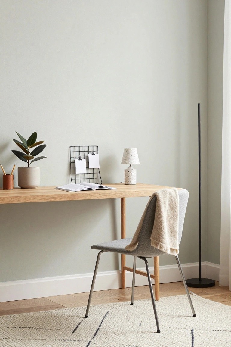 Home office with pale sage green walls, light wooden desk holding open notebook, speckled lamp, potted rubber plant, copper pencil holder, wire memo grid, gray chair with cream throw, black floor lamp, and patterned white rug on wood floor.