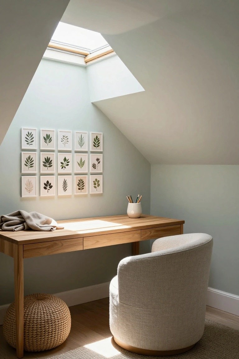 Attic home office with pale sage green walls, grid of twelve framed botanical leaf prints above a light wood desk holding pencils and a white vase, cream fabric swivel chair, woven pouf stool, and skylight in sloped ceiling.