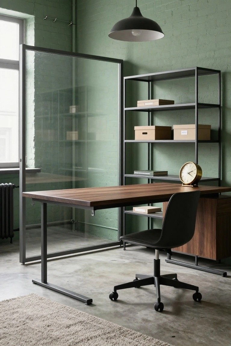 Office interior featuring sage green painted brick walls, black metal shelving unit with cardboard boxes and books, wooden desk with metal legs, black office chair, glass and metal partition, brass clock, and pendant light.