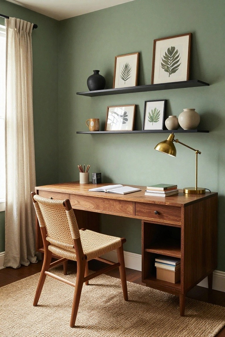 Home office with sage green walls, wooden desk with drawers and open shelving containing books, rattan chair, floating black shelves holding black and beige vases and framed botanical prints, brass desk lamp, and sheer curtains on window.