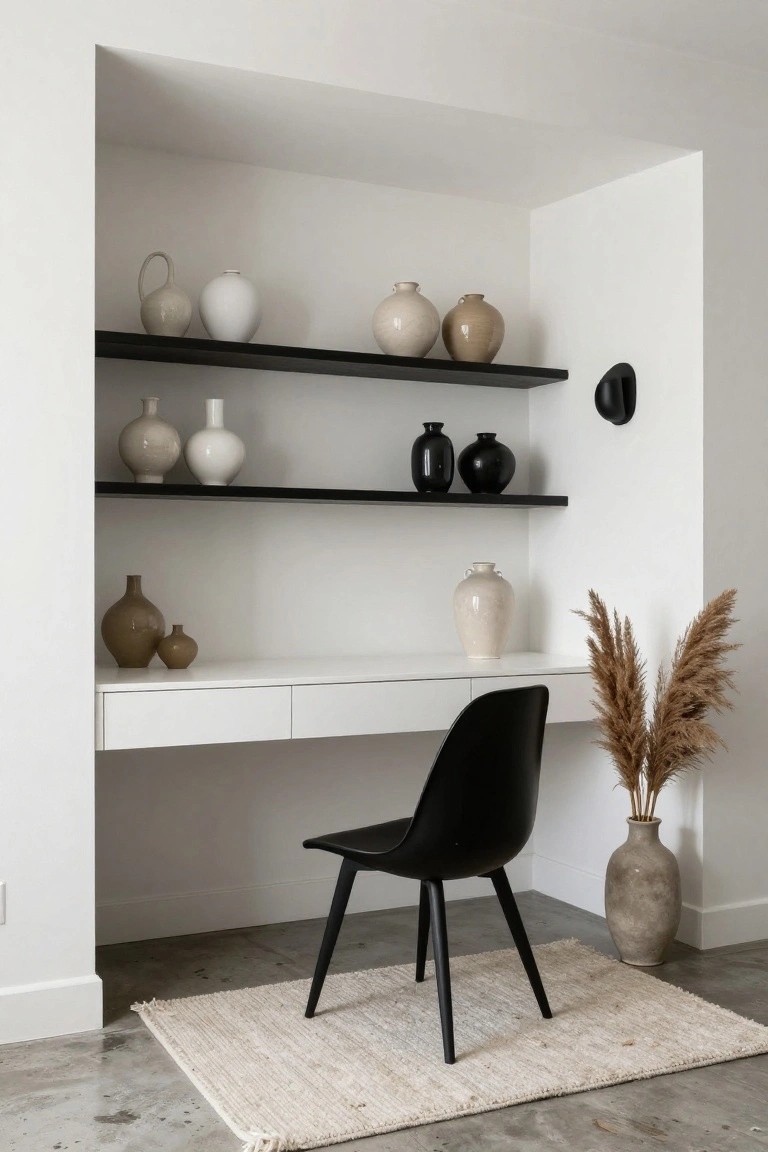 Recessed white wall alcove with three black floating shelves displaying ceramic vases in white, beige, tan, and black, white desk with black chair below, pampas grass in vases, and seagrass rug on concrete floor.