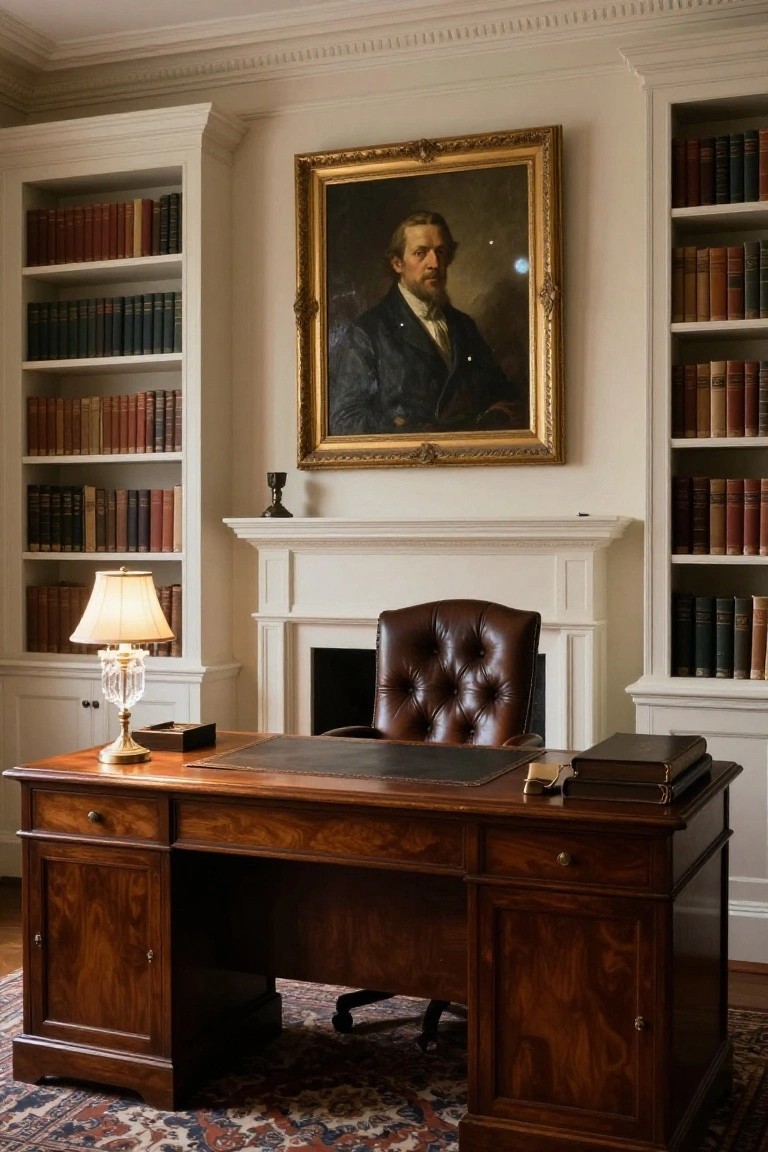 A formal home office with a large polished wooden partners desk, tufted brown leather armchair, white built-in bookshelves filled with books on both sides, white marble fireplace, brass lamp, and ornate gilded portrait of a man on the wall above the mantel.