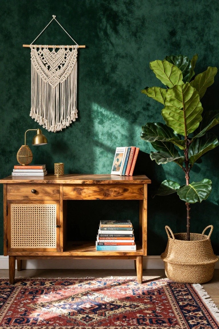 Wooden console table with rattan cabinet door and drawer against textured green wall, topped with stacked books, brass lamp, and gold candle holder; large potted fiddle leaf fig plant in seagrass basket nearby, white macrame hanging above, patterned rug on floor.