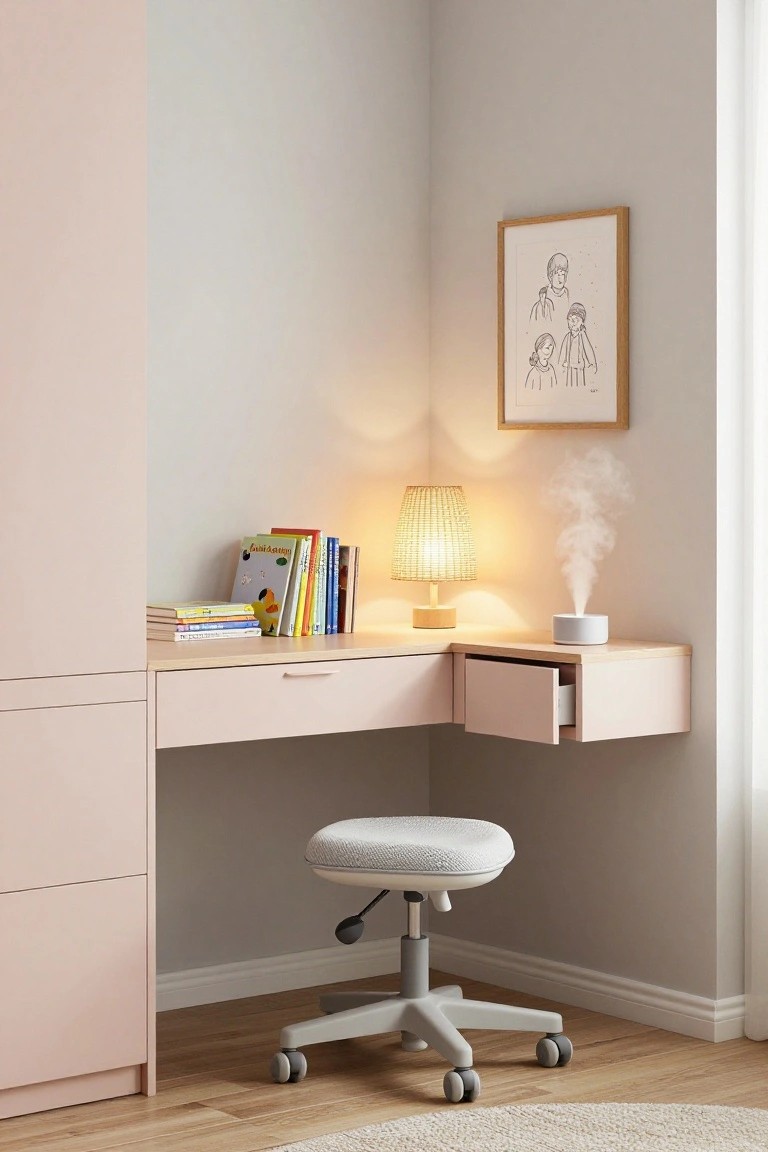 Pink corner-mounted desk with integrated drawer and adjacent cabinets, holding books, a lamp, diffuser, and an adjustable white stool in a light room with beige walls and wood floor.