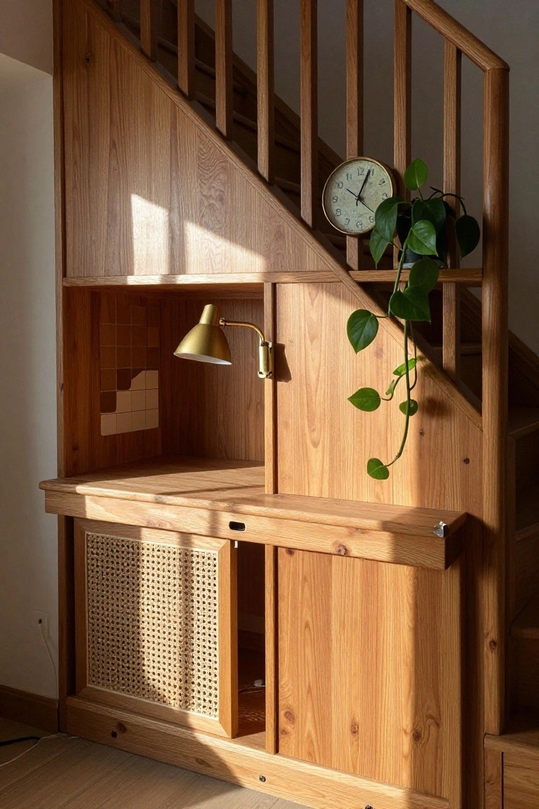 Wooden staircase with integrated oak built-in cabinetry including an upper open shelf with gold desk lamp and tile accents, desk surface, wall clock with hanging plant, and lower rattan-fronted storage doors.