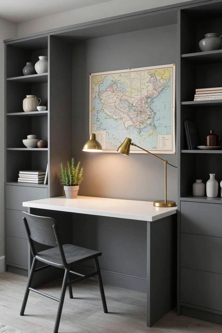 Small home office nook with gray built-in cabinets and open shelves flanking a white desk, gold adjustable lamp, potted rosemary plant, stack of books, and vintage map of China on the wall.