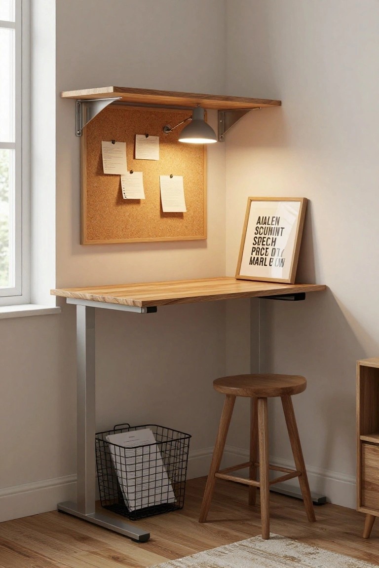 Wooden adjustable standing desk in a light room corner with wall-mounted corkboard shelf and lamp above, framed poster nearby, wooden stool, wire basket with papers, and small wooden cabinet.