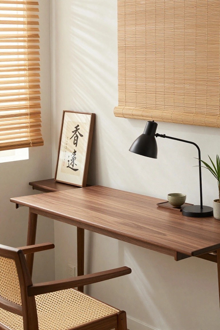 Small indoor office corner with slim walnut desk, rattan armchair, black adjustable desk lamp, potted plant, green teacup on tray, and framed Japanese calligraphy artwork next to bamboo blinds on white wall.