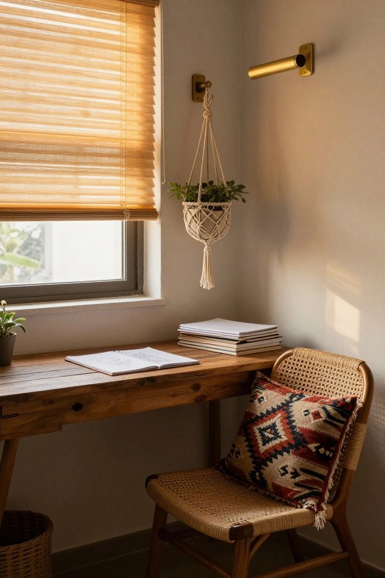 Small wooden desk with open notebook by a window with bamboo blinds, rattan chair with patterned pillow, macrame hanging plant, and stacked books in a light corner room.