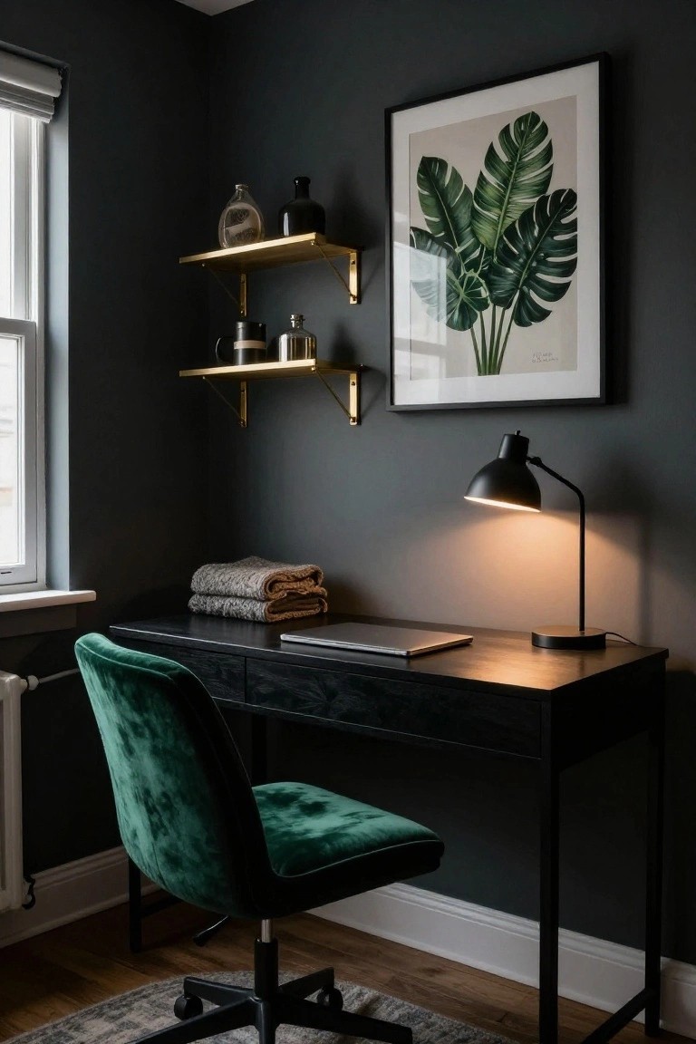 Charcoal gray walled small office corner featuring a black desk with laptop and folded towels, green velvet swivel chair, gold wall shelves with glass bottles and jars, large framed monstera leaf artwork, black desk lamp, and radiator near a window.