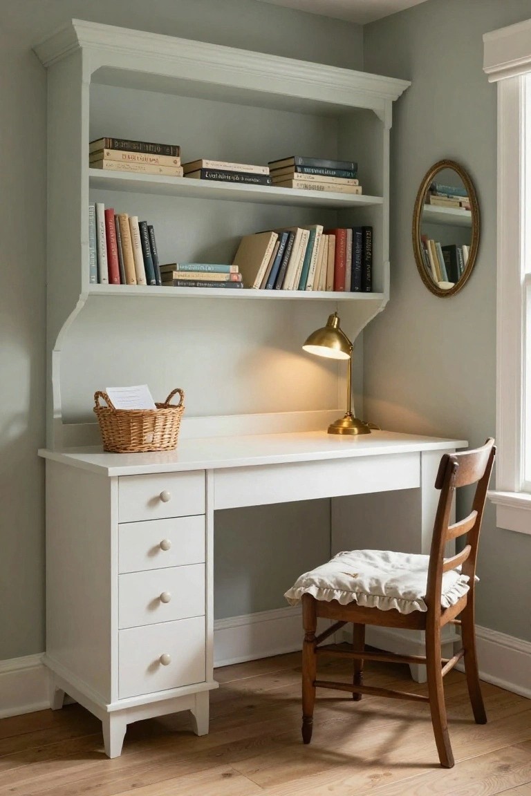 White wooden desk with drawers and curved overhead open shelves holding books, next to a gold desk lamp, wicker basket with papers, and wooden chair with white ruffled cushion against light gray walls.