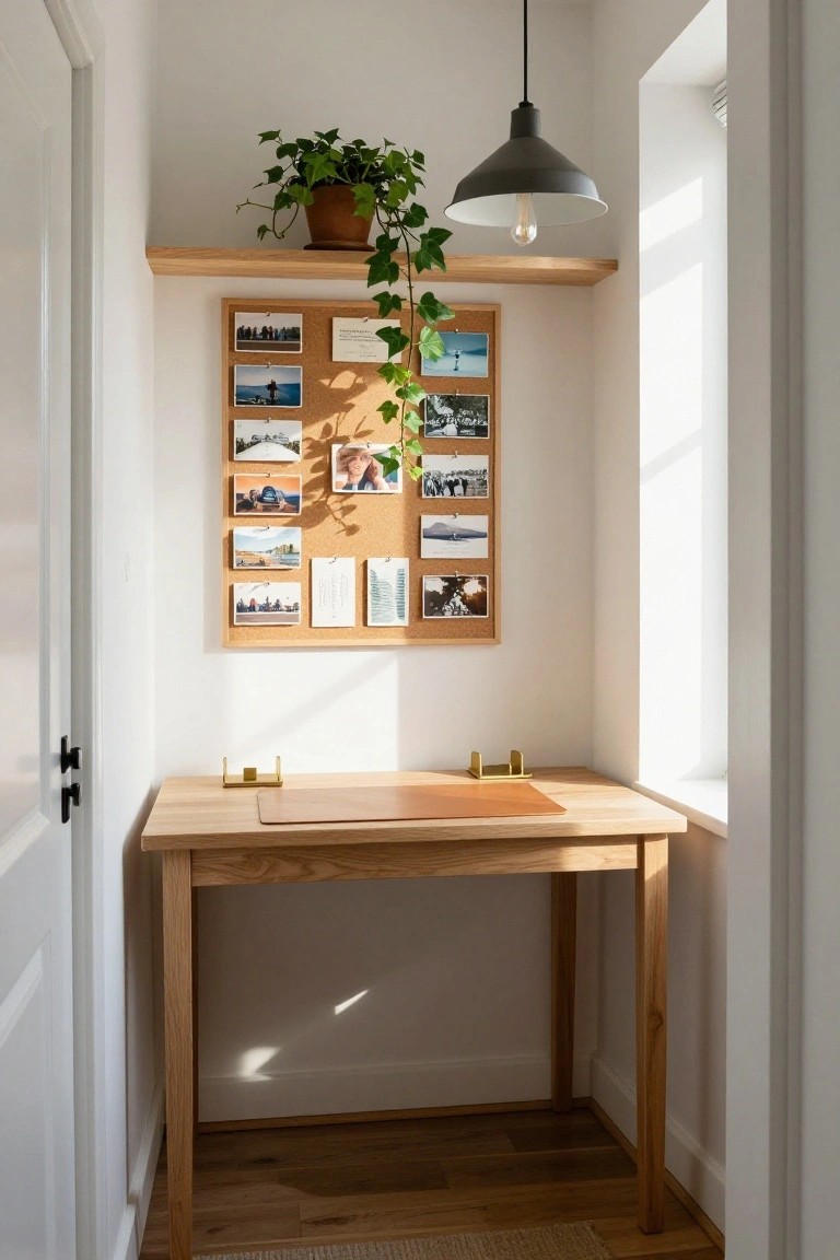 Narrow oak desk in white alcove with leather desk mat, brass organizer, corkboard wall of pinned photos and notes, ivy plant on shelf above, pendant lamp, and window light.