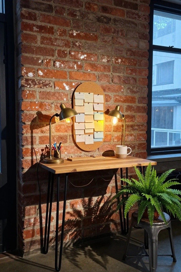 Small wooden desk on black hairpin legs against exposed red brick wall with large corkboard covered in sticky notes, two lit brass arc lamps, mug, colored pencils in holder, potted fern, and metal stool in industrial room with window.