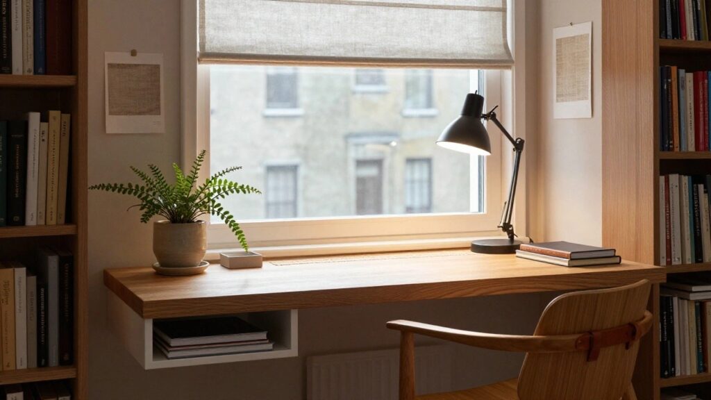 18 Small Office Ideas That Prove You Don’t Need Much Space A wall-mounted wooden desk below a large window in a light-filled room, with stacked books and a potted green plant on the windowsill, a black desk lamp, a framed artwork, and wooden bookshelves nearby, plus a wooden chair in front.